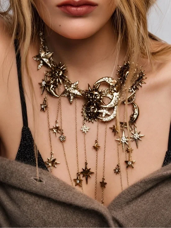 Gold Celestial Star & Moon Statement Necklace
