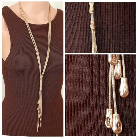 Gold Multi-Strand Cord Lariat Tassel Necklace‎