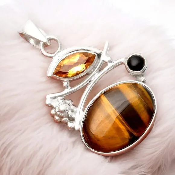 Tiger Eye Citrine & Onyx Solid 925 Sterling Silver Pendant