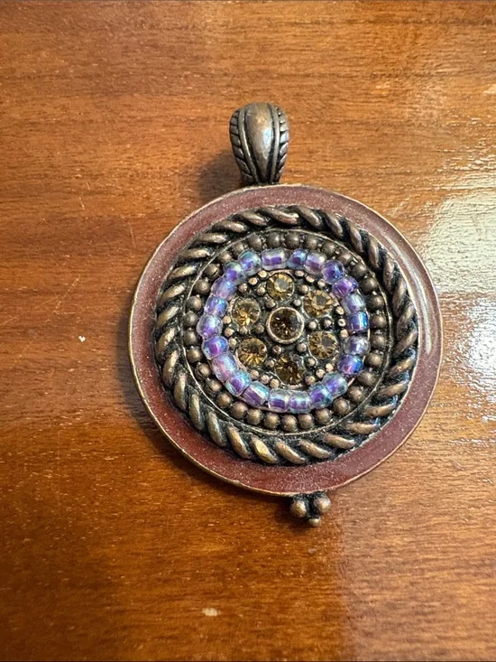Cookie Lee Bronze-Tone Necklace Pendant with Purple and Amber Accents