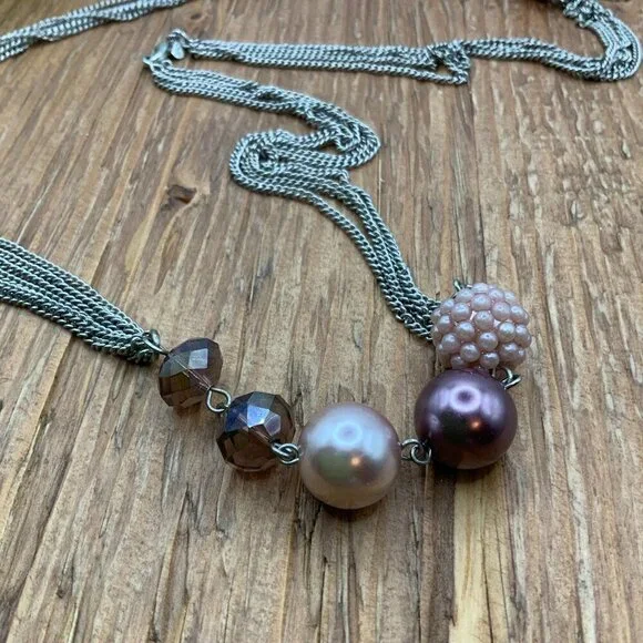 RMN (AVON) Lilac Purple Beads Multi Silver Tone Chain Stands Necklace