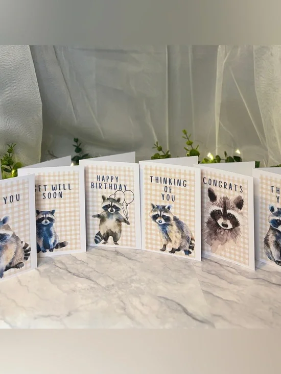 12 Woodland Raccoon Greeting Cards 4x6 Blank Inside with Envelopes Gift Set