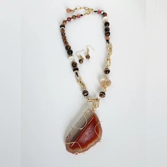Tiger eye Beaded And Big Agate  Necklace Set