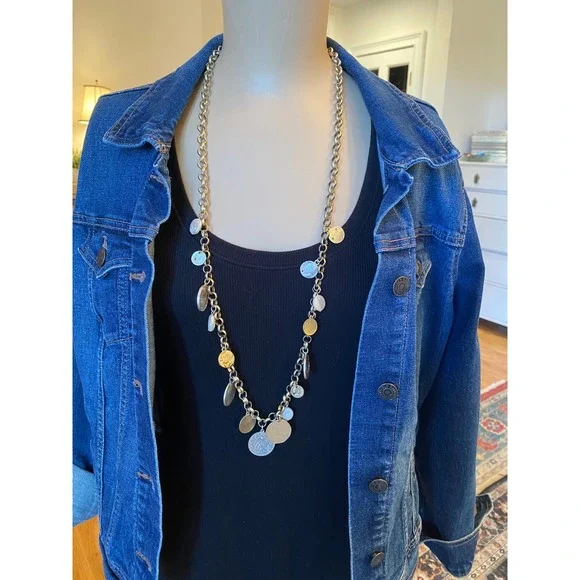 Chicos‎ Long Coin Charm Necklace Mixed Metal Faux Pearl Gold Silver Tone Chain