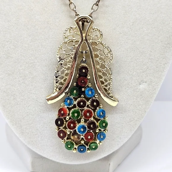 VINTAGE Unique Multicolor Pear Shaped Large Gold Tone Pendant Necklace