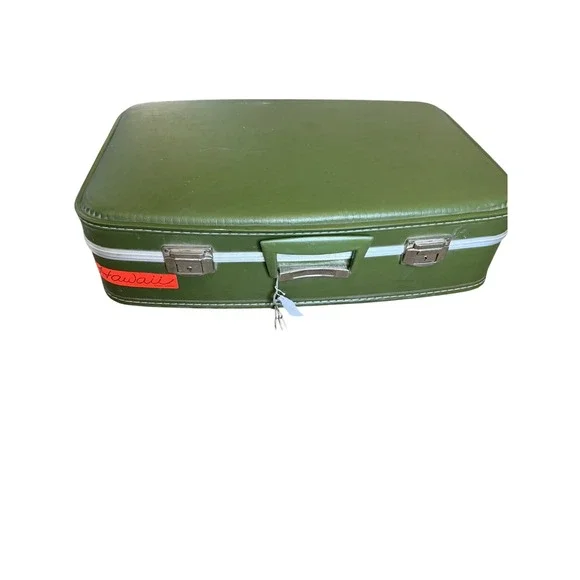 Vintage Avocado Green Hard Shell Suitcase Mid Century Retro Luggage with Keys