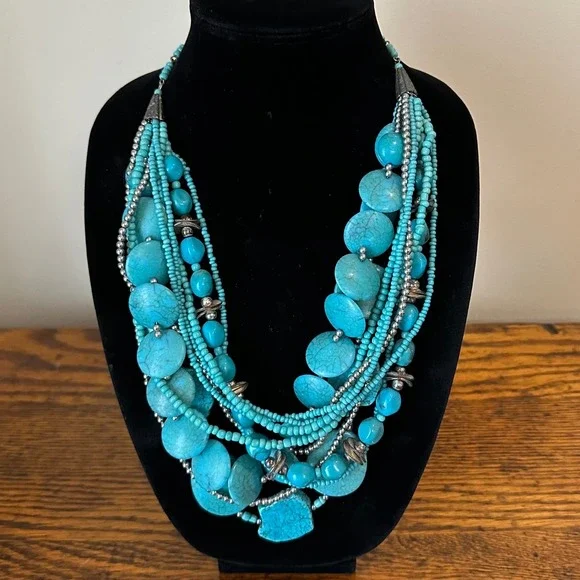 Chicos Multi Strand Turquoise Bead Statement Necklace Silver Tone Southwestern