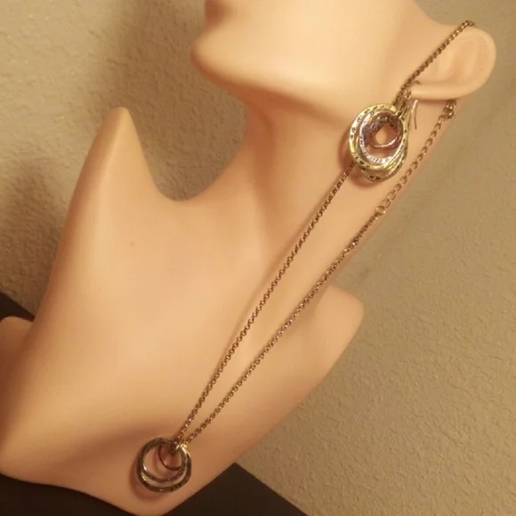 Gold Tone Double Circle Pendant Necklace and Earrings Set