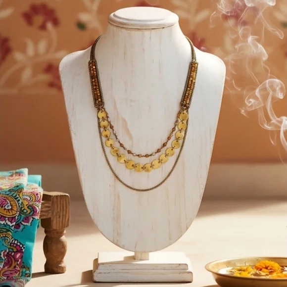 Handmade Indian Artisan Gold Tone Layered Glass Beaded Boho Chic Long Necklace