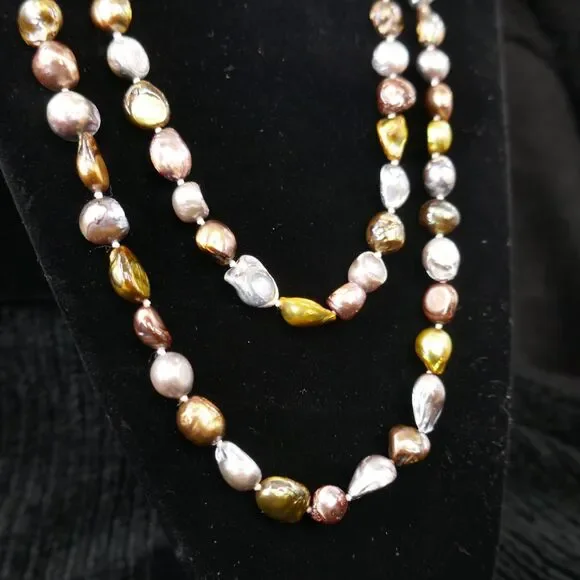 Multi-Colored Imitation Keshi Pearl Strand Necklace Mixed Metallics 60 Inch
