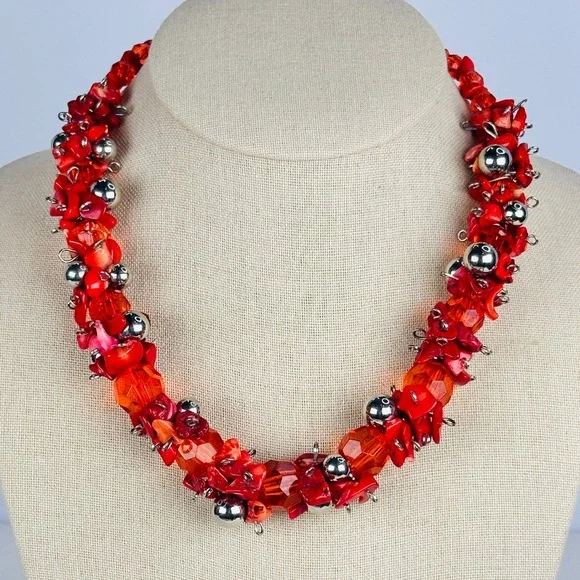 Bold Red Cluster Necklace Coral Chip Faceted Bead Silver Tone Maximalist Collar