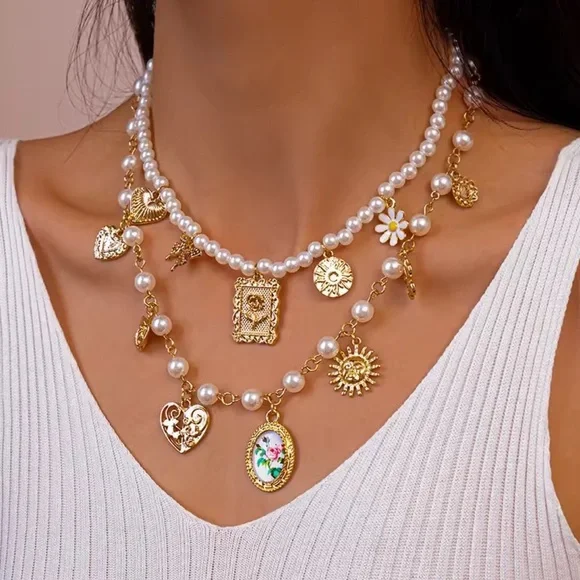 Women 2x Gold and Pearl Charm Necklace