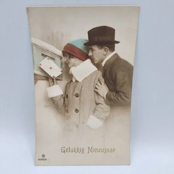 Antique Dutch Happy New Year Postcard 6082/4 Couple Winter‎ Scene Old Ephemera
