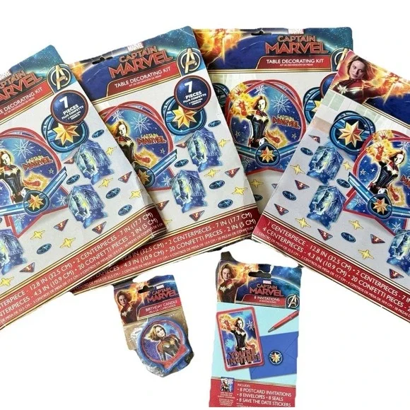 Captain Marvel Birthday Party Decor Lot - Table Decor Kit, Invitations & Candle