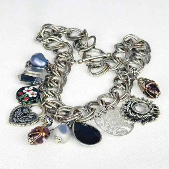 Vintage 90s Silver Charm Necklace Heart Locket Enamel Eclectic Chain Toggle