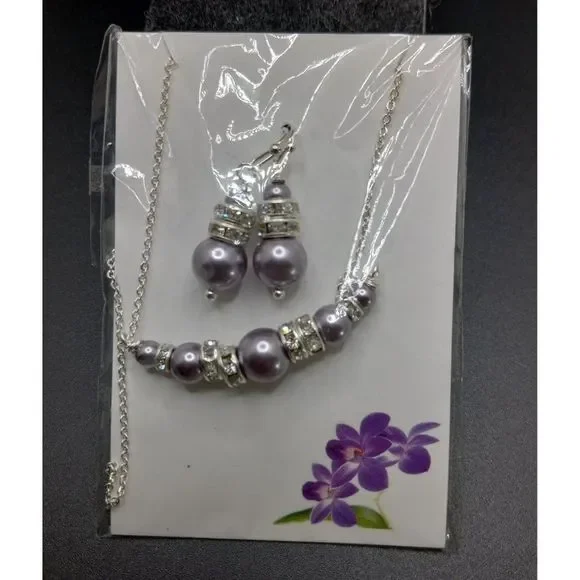 NWT‎ Alex Andreas Lavender Pearl Rhinestone Necklace Dangle Earrings Silver Tone