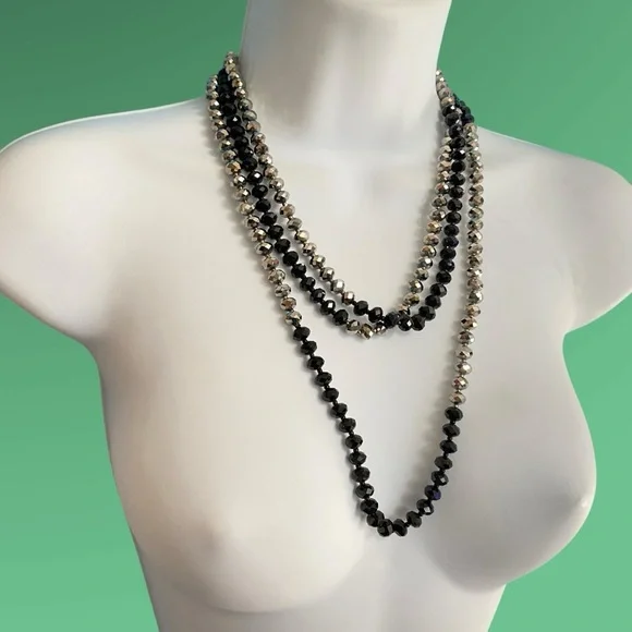 Glass Beads Necklace Faceted Black & Hematite Colored Beads Long Over-The-Head