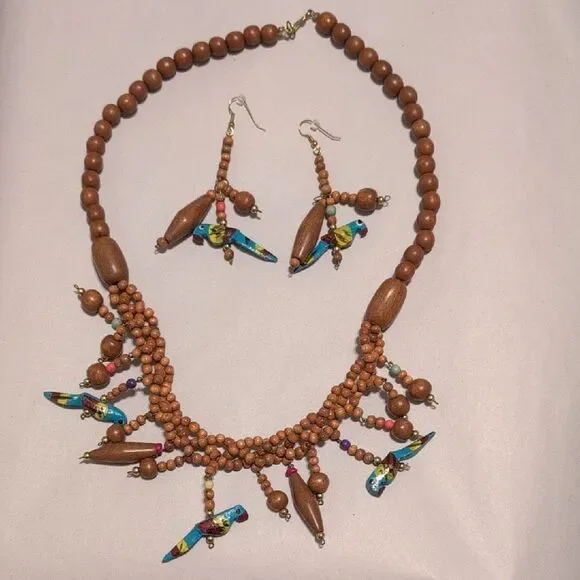 Colorful Wooden Bead Bird Necklace and Pierced Earring Set Tropical Fun