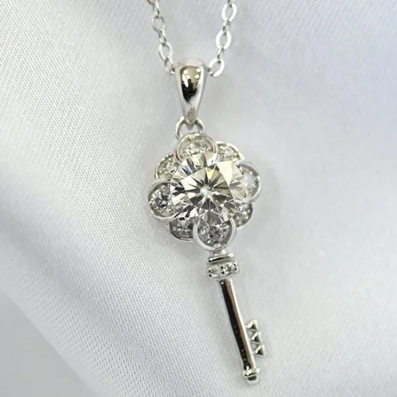 Certified 1ct. t.w. Moissanite Diamond Flower Key Necklace NEW