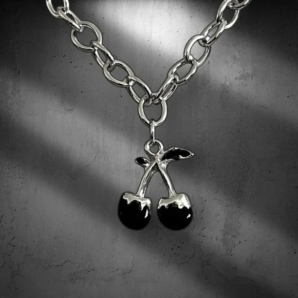 Stainless Steel Black‎ Drip Cherry Pendant Chain Link Necklace