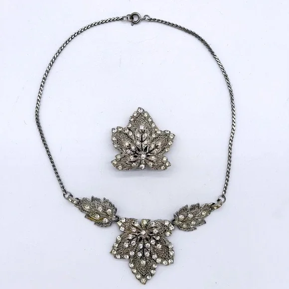 Vintage Rhinestone Leaf Necklace Brooch Set Silver‎ Tone Filigree Maple Leaf