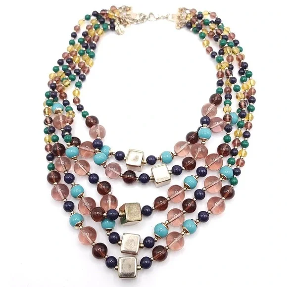 Talbots Multi Strand Necklace Beaded Glass Acrylic Gold Tone