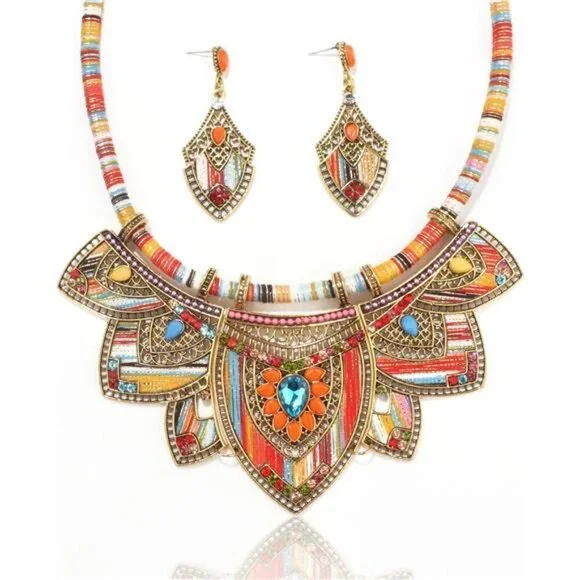 Gold Bohemian Jewelry Sets for Women Boho Tribal Retro Statement Choker Necklace