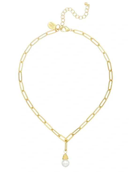Gold Paperclip Chain Necklace with Pearl Drop