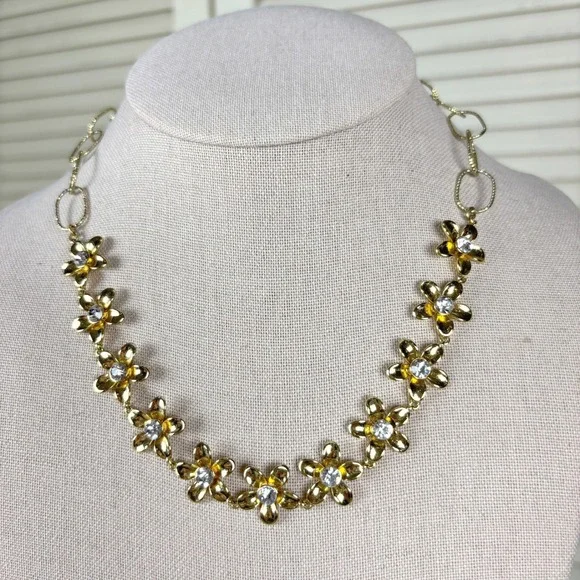 Beautiful‎ Ann Taylor Gold Tone Floral Statement Necklace Rhinestone 90s Vintage