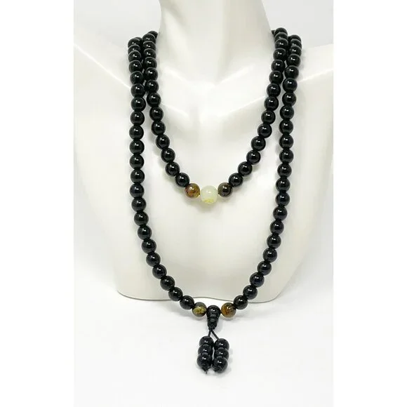 Black Beaded Mala Necklace with Tiger Eye & Gold Script Bead – 36” Prayer Beads