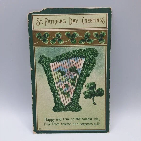 Antique St Patricks Day Postcard Shamrock Harp Scene Mailed‎ 1910 Collectible