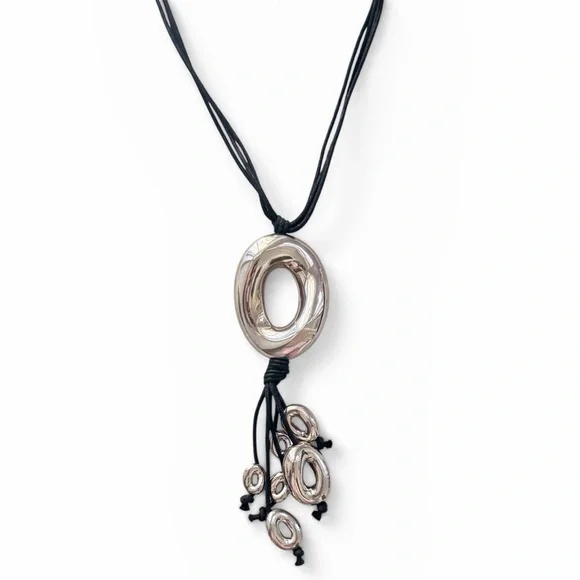 L’una Italy Sterling Silver Modern Oval Pendant Multi-Strand Black Cord Necklace
