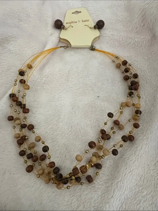Vintage African Wood Multistrand Brown Bead Statement Necklace with earrings