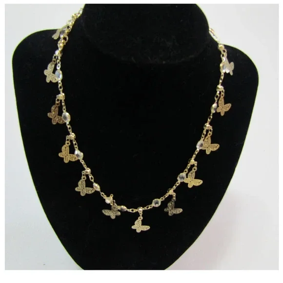 Gold Dangly Butterfly Pendant Rhinestone Alloy‎ Necklace Boho Chain