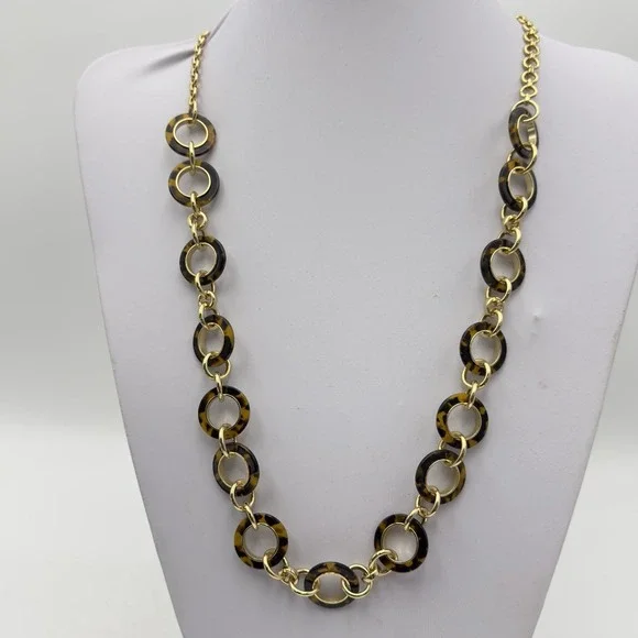 TALBOTS FAUX TORTOISE GOLD TONE LINK NECKLACE LONG CHUNKY 34