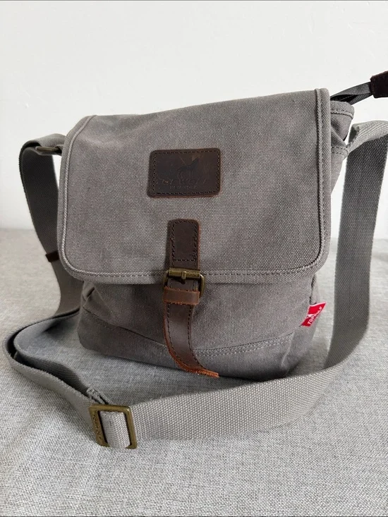 Casual Gray Canvas Messenger Bag with Leather Trim