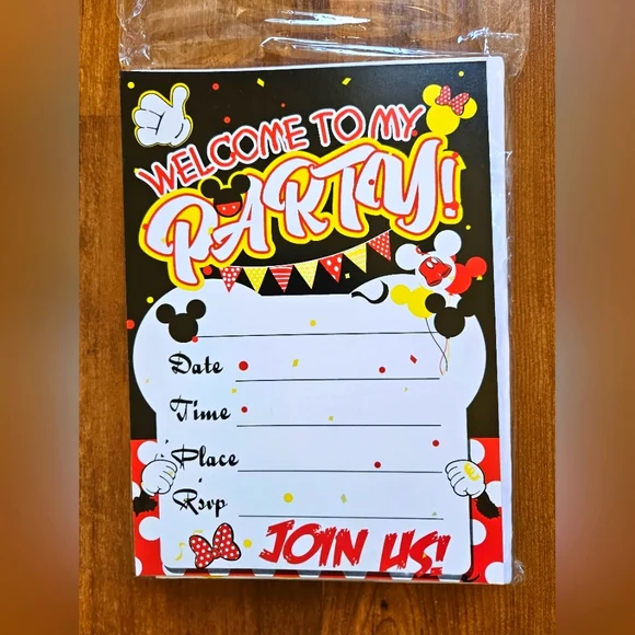 New! Mickey Mouse Party Invitations 24 Count - Black, Red, Yellow