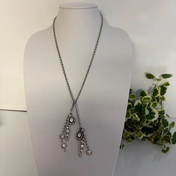 Silver-Tone Rhinestone Lariat Necklace Upcycled with Drop Pendants