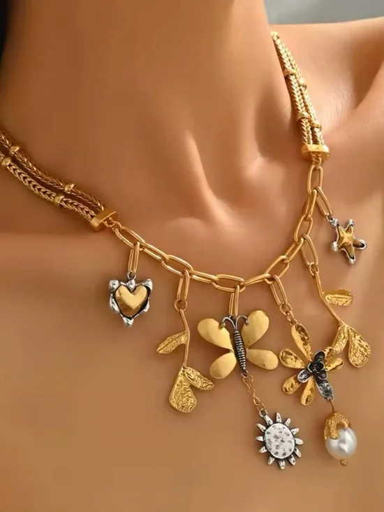 Gold-Tone Floral Charm Necklace with Mixed Metal Accents