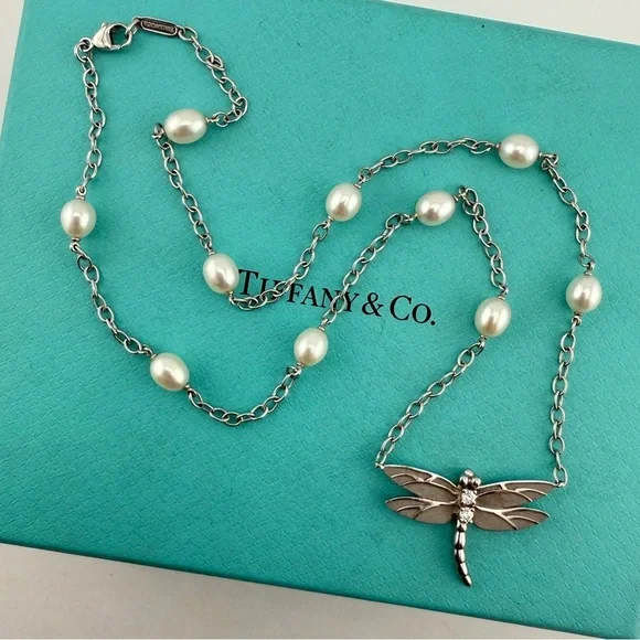 2004 Tiffany & Co. Dragonfly Necklace in 18k with Pearls & Diamonds 18