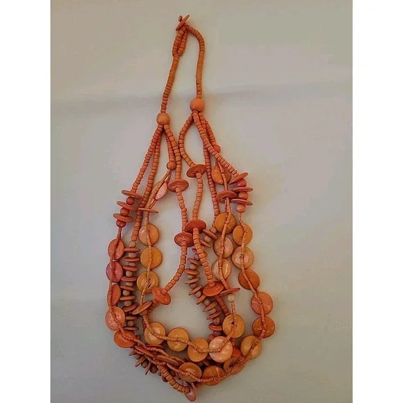 Necklace Dyed Wood‎ Beads Discs Multistrand Tiered Orange Boho Retro
