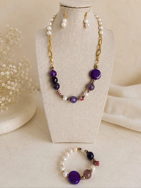 Agate & River Pearl Necklace Set Stainless Steel 16