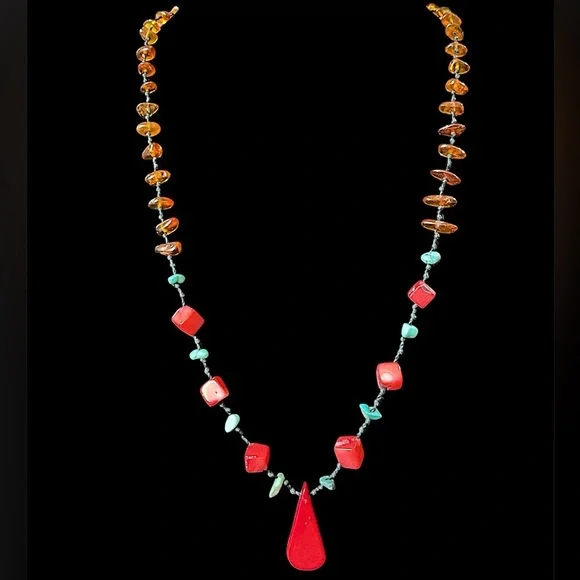 Vintage Baltic Amber Turquoise Coral Lavaliere Necklace