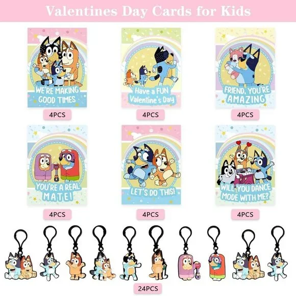 Set of 24 Valentines Cards for Kids, Valentine's Day Gift with Keychain for Kids