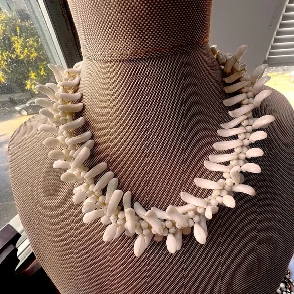 Vintage White Milk Glass Beaded Fringe Choker Necklace Marked Germany
