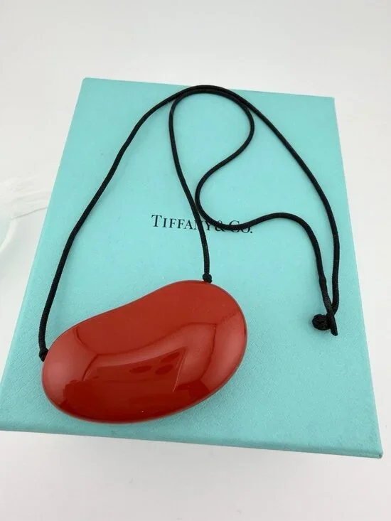 Tiffany & Co. Elsa Peretti Red Lacquer Wood 50mm Bean Necklace Silk 19.5in