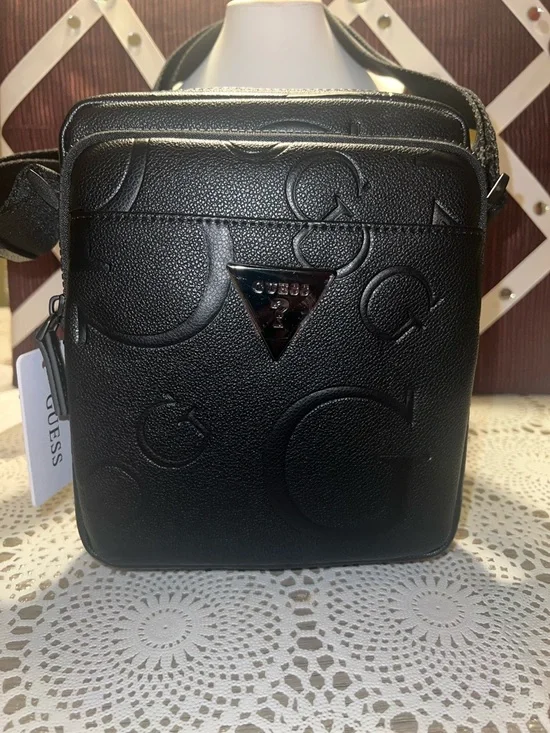 GUESS Black Embossed Logo Messenger Crossbody Bag