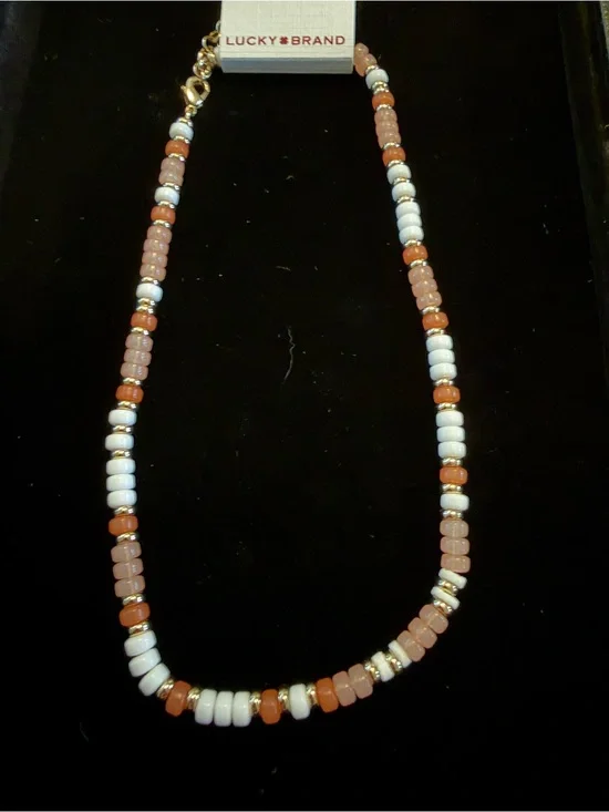 NWT Lucky Brand Pink Peach White Beaded Choker Necklace Gold Tone Coastal Boho