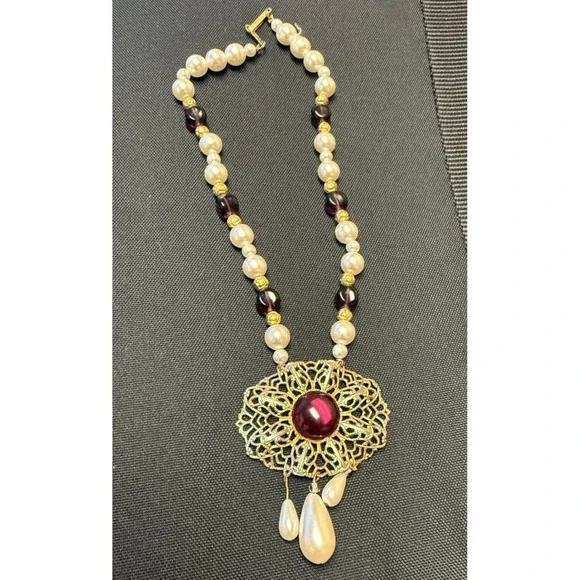 Vintage V.A. Faux Pearl Purple Glass Bead Filigree Pendant Necklace Gold Tone