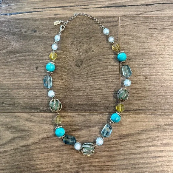 1928 Jewelry Co Turquoise Blue Glass Bead Silver Tone Filigree Necklace 18 Inch